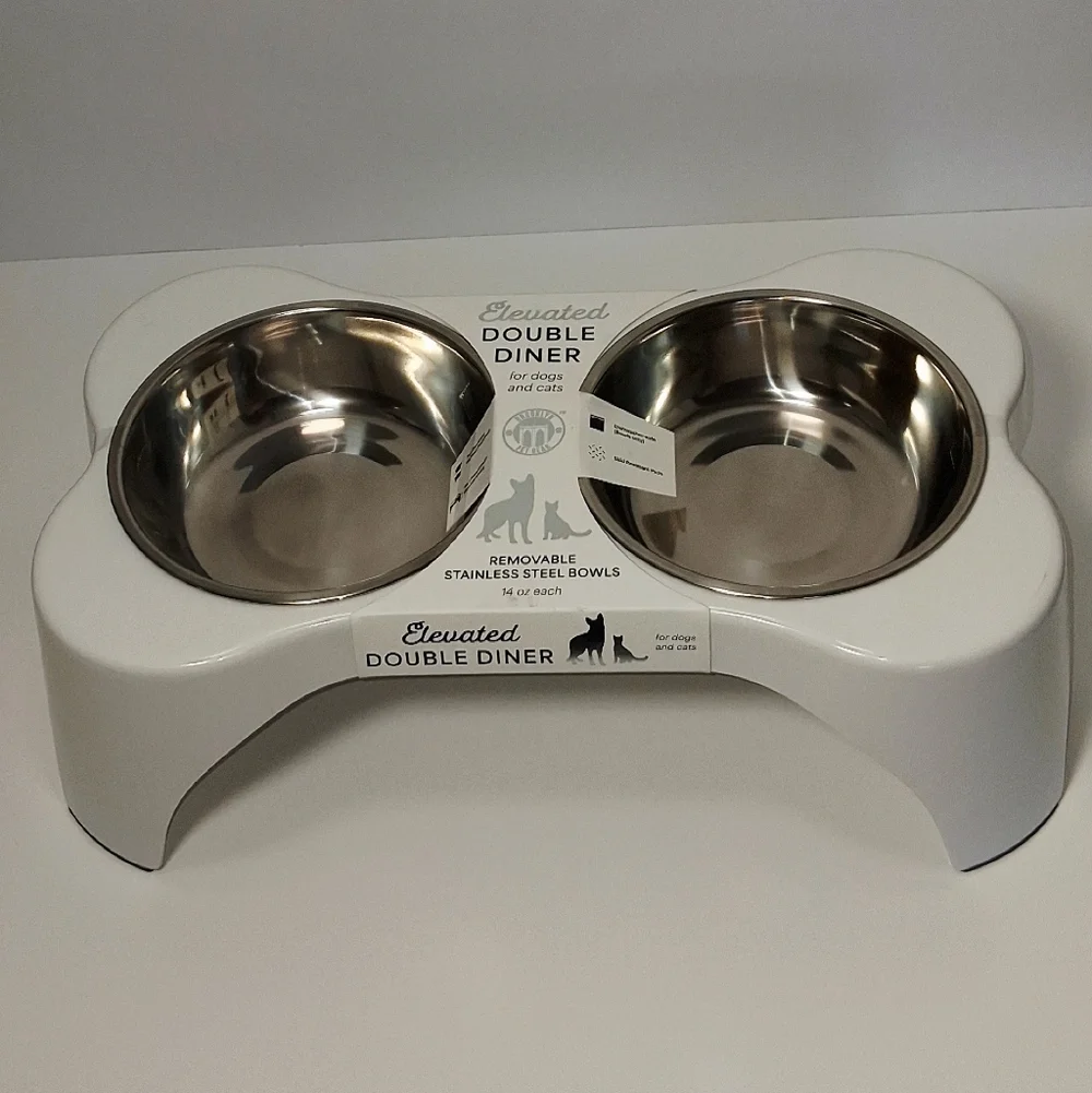 Elevated Double Diner Pet Bowl - White with Stainless Steel Bowls
